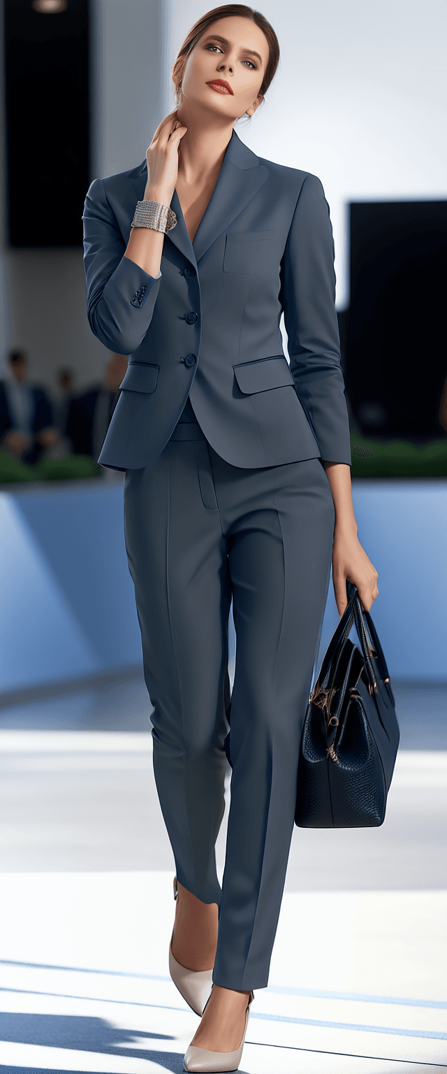 AI generated: The image features a young girl wearing a dark blue suit, which includes a jacket and matching pants...