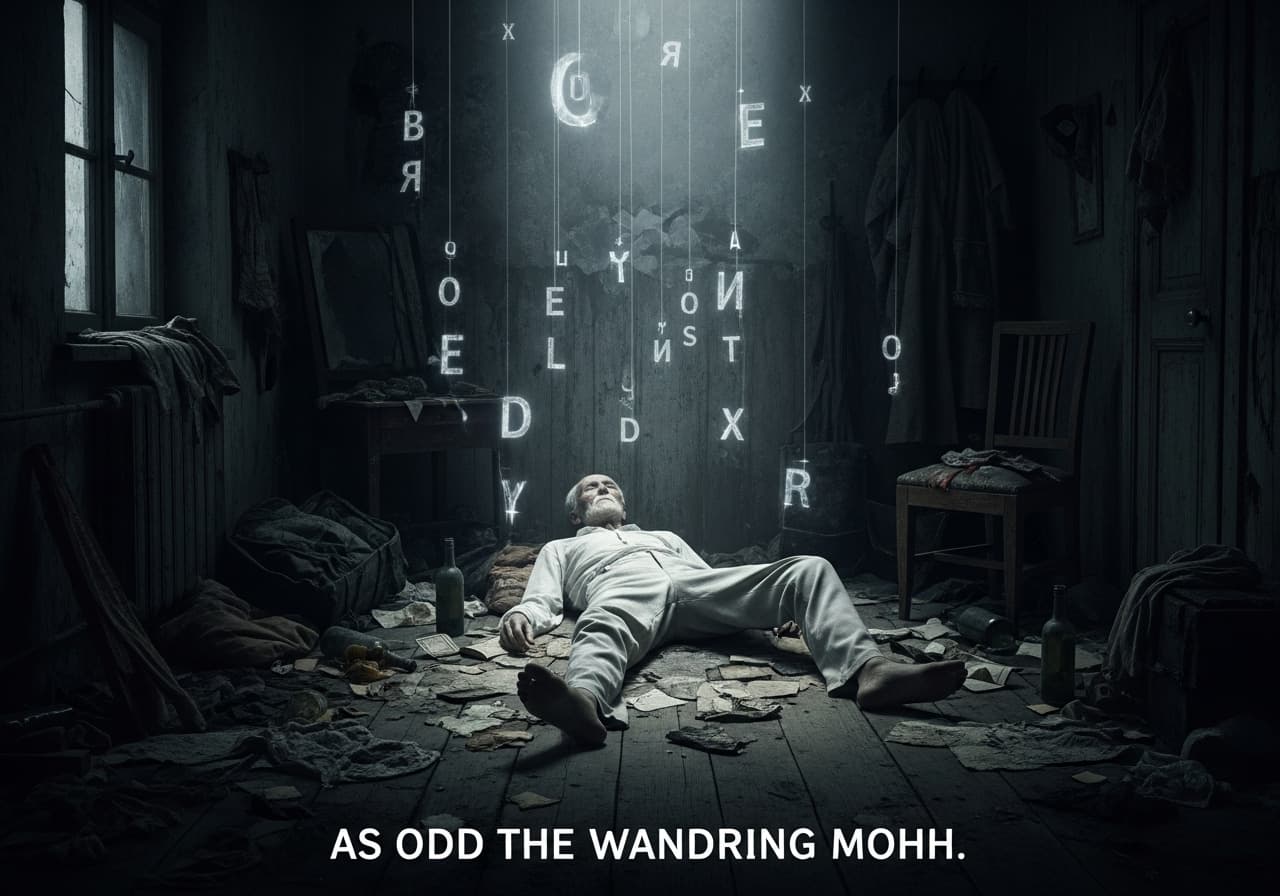 AI generated: Create an emotional dramatic dystopian image in the year 1860, featuring an old Russian poet, sick w...