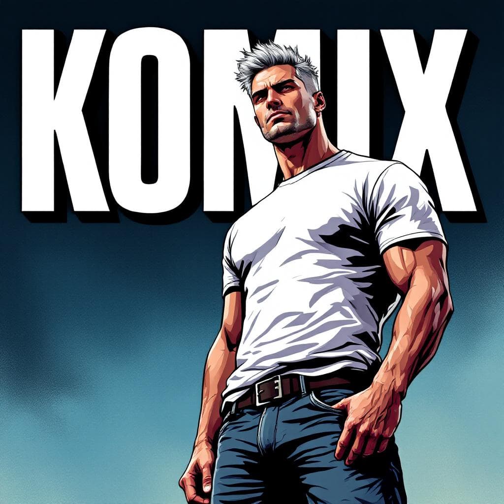 AI generated: Cartoon illustration, comic book cover featuring a handsome Caucasian man with burst-taper grey hair...