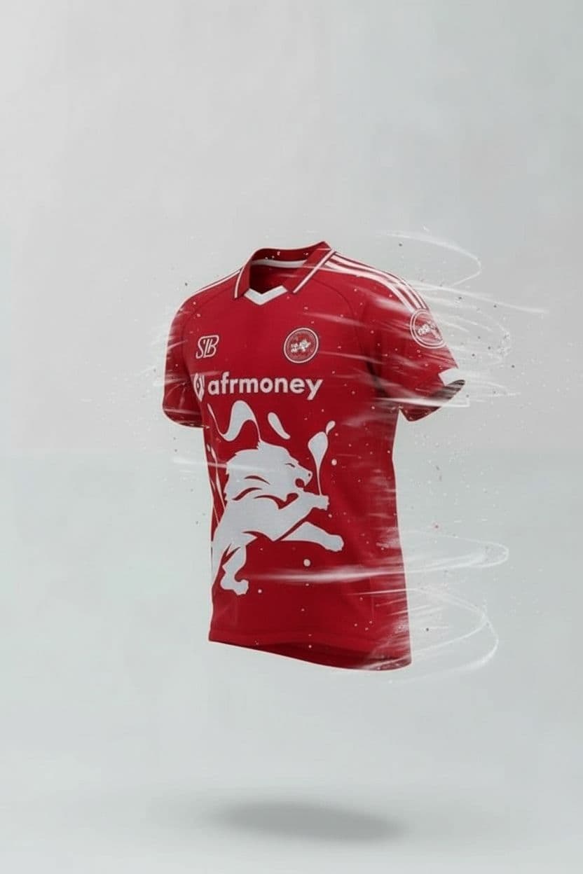 AI generated: A realistic 3D mock-up of a red soccer jersey in a running motion pose, showing dynamic air flow. Th...