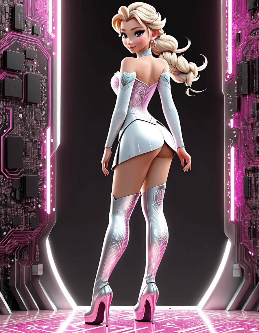 AI generated: NSFW, digital art, sci-fi fantasy, an adult princess Elsa standing, wearing boots, from behind, prin...