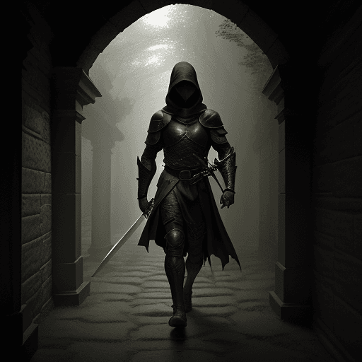 AI generated: The photo shows a figure in dark armor and hood holding a sword and walking through an ancient stone...
