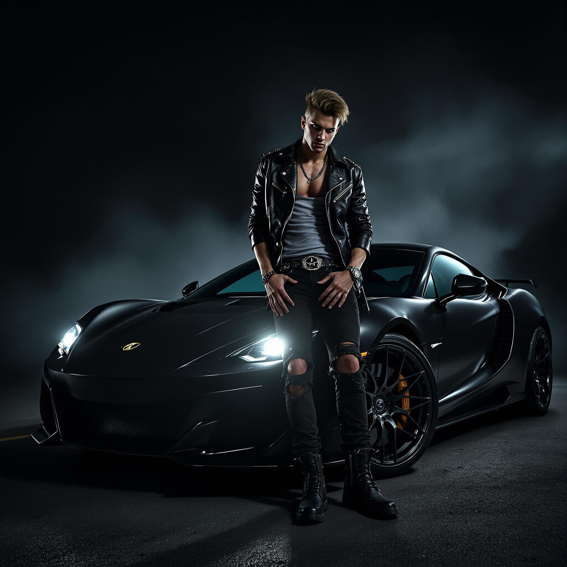 AI generated: Capture a striking photograph of a 'bad boy' character leaning against a sleek, high-performance car...