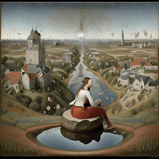 AI generated: ((Bosch)) and ((Bruegel)) style. Perfect profile  beautiful  sit down full body with a beautiful ((w...