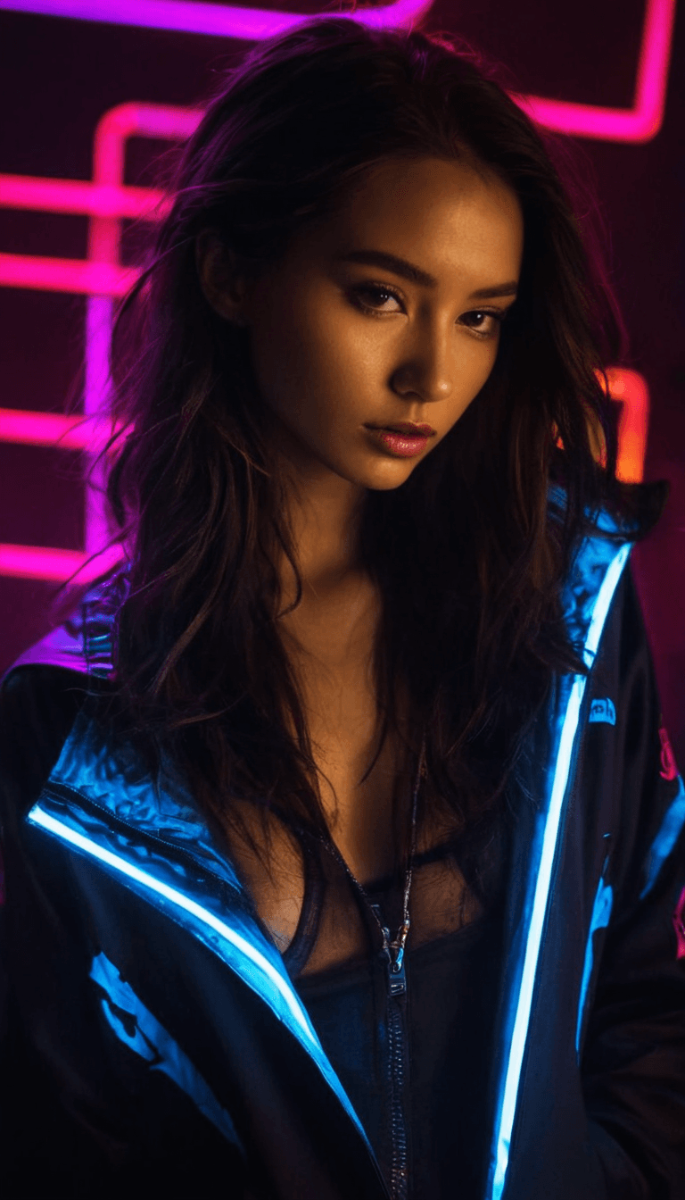 AI generated: fashion editorial, a beautiful darkhaired woman in neon lights in night club, highres, realistic pho...