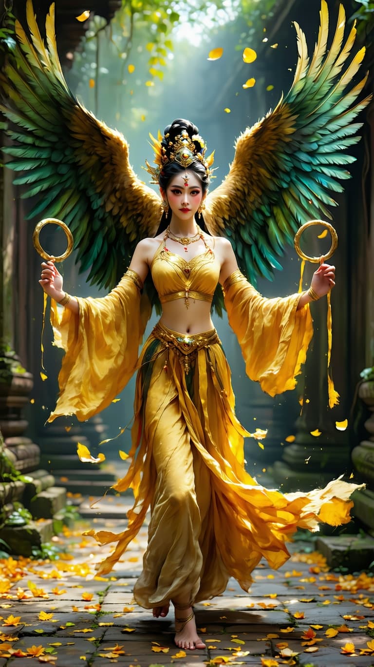 AI generated: An ultra-realistic, wide angle, front facing, full-body portrait of a mesmerizing Dancer in golden t...