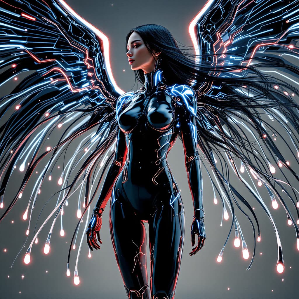 AI generated: A stunningly beautiful full-body cybernetic Asian woman with long, sleek black hair flowing in the w...