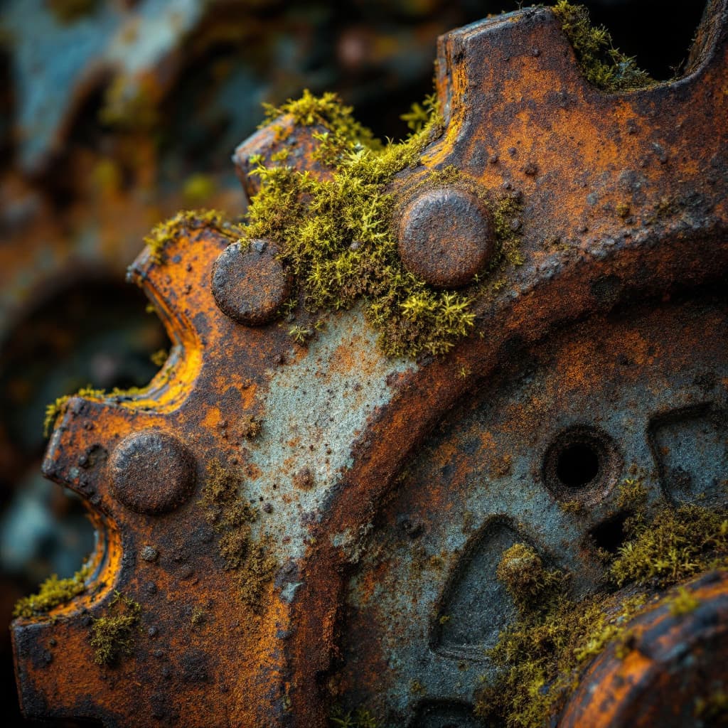 AI generated: 3.	close-up of a rusted gear with moss and dirt in the crevices, ultra-detailed textures --v 7 --sty...