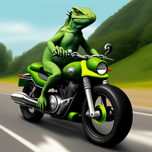 AI generated: lizard rideing motorcycle cantoon