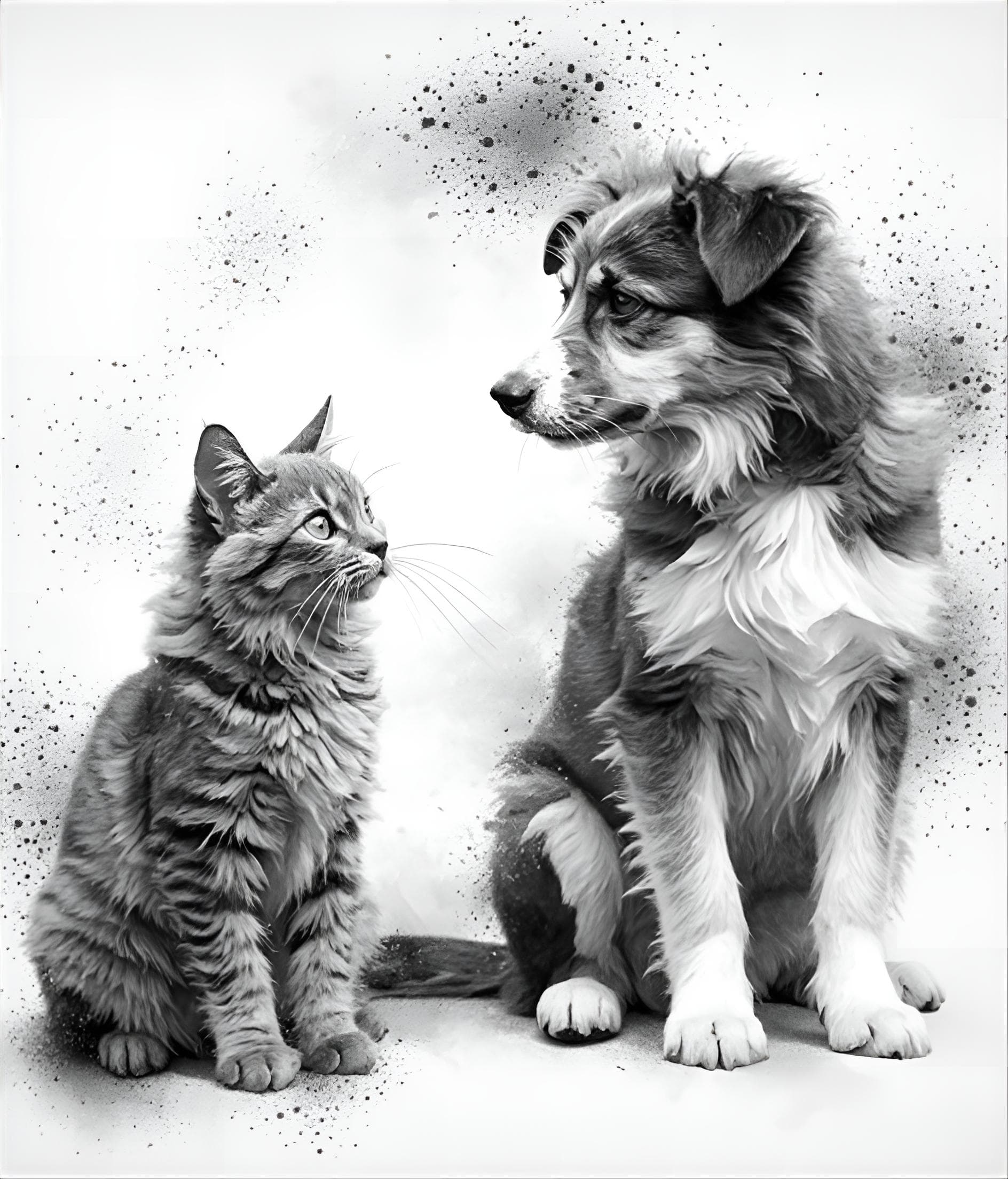 AI generated: black and white illustration, a curious cat with its ears perked up is looking at a dog with an atte...