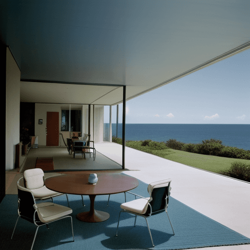 AI generated: Hyper realistic eye level exterior photo of a mid century modern style house overlooking the ocean, ...