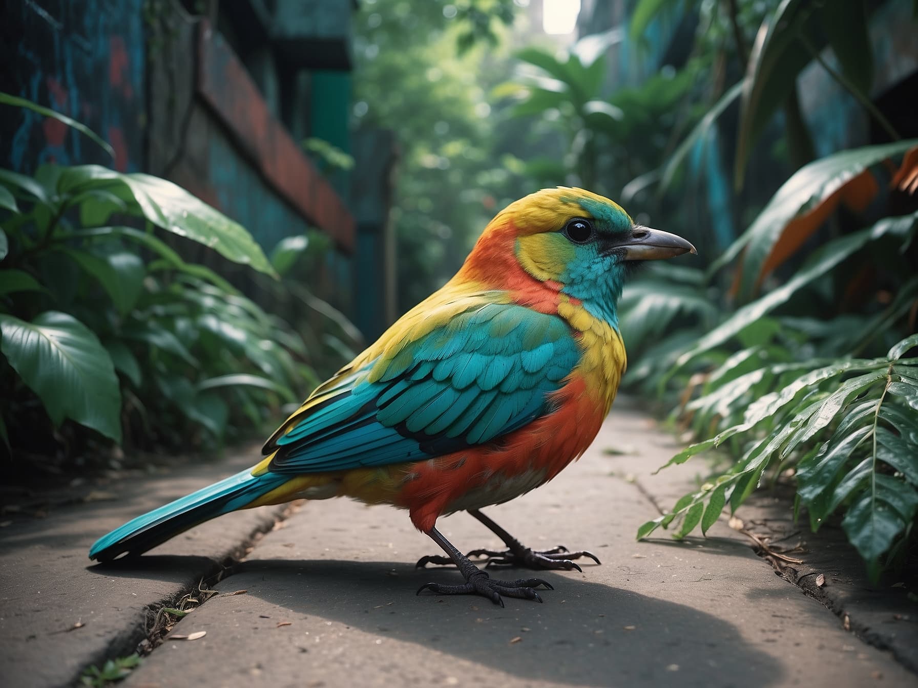AI generated: a colorful bird is standing on the sidewalk, a photorealistic painting by Simon de Vlieger, featured...