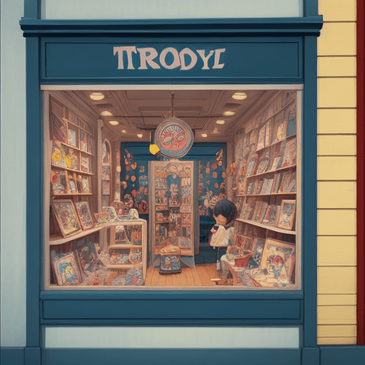 AI generated: picture for cids book, the window of a toy store from the middle