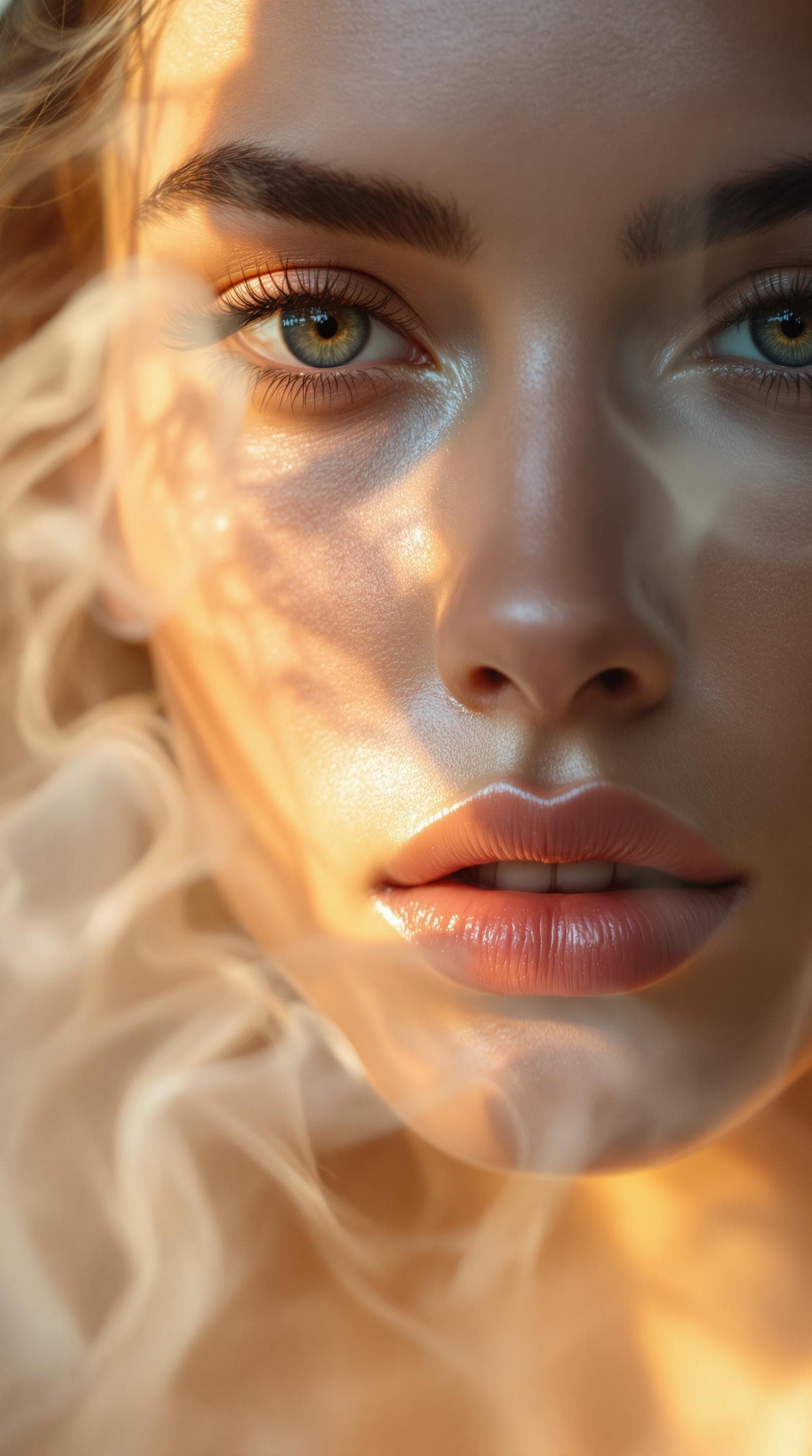 AI generated: "Shadow & Light professional fine art photography. A model's portrait. Soft pastel colours, gentle l...
