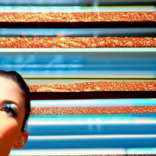 AI generated: close up portrait of woman looking towards the bright sun, glitter on her face, sun rays, glowy skin...