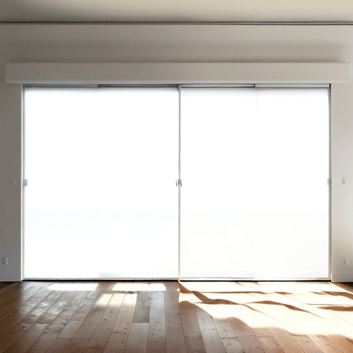AI generated: Image of a completely empty room with a wood floor leading away from the viewer towards a open wide ...