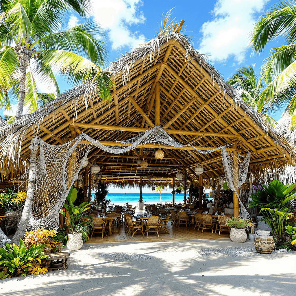 AI generated: A seafood restaurant built entirely of bamboo, in a tropical and rustic style, located on a plot mea...