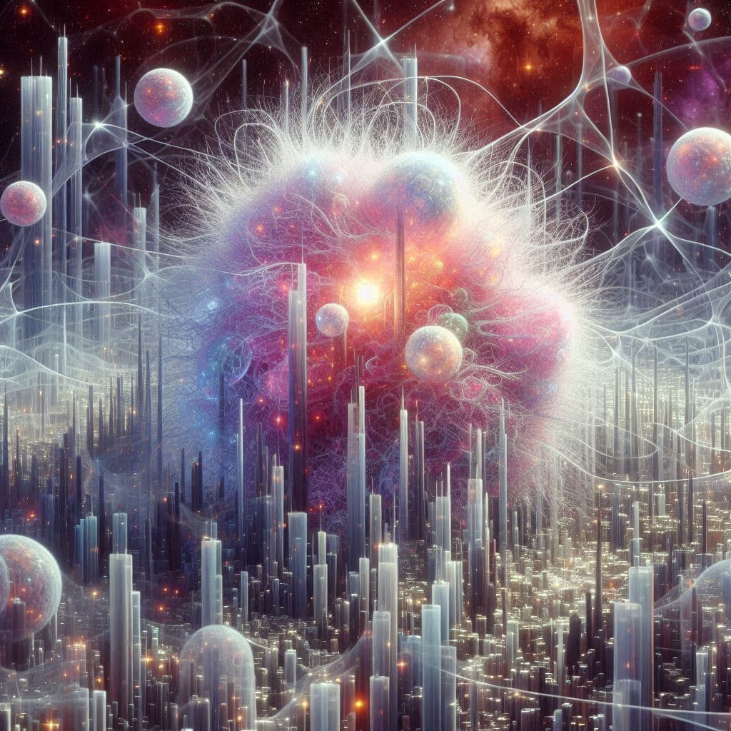AI generated: In the foreground is a translucent bio/fractalius engine made of radio tubes. The hairy universe is ...