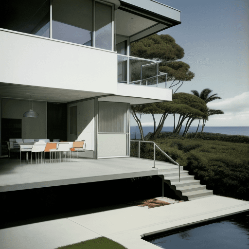 AI generated: Hyper realistic eye level exterior photo of a mid century modern style house overlooking the ocean, ...