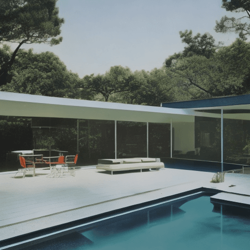 AI generated: Hyper realistic eye level exterior photo of a mid century modern style house overlooking the ocean, ...