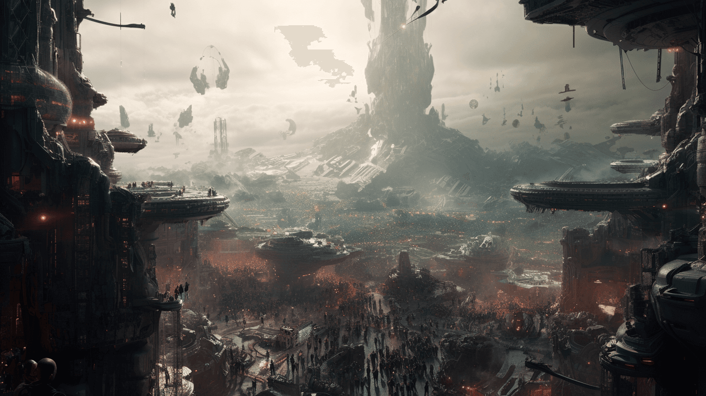 AI generated: Breath - taking game - still of a science - fiction cut - scene, huge market, intriguing diverse NPC...