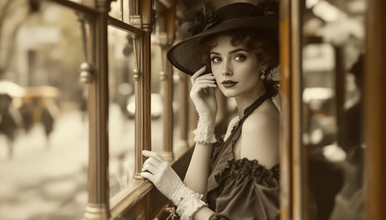 AI generated: sepia photography, one young french women, brown hair, tall and beautiful, standing In a tram of the...