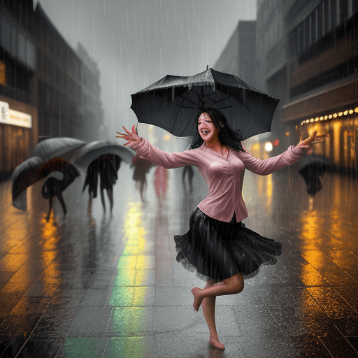 AI generated: Woman dancing in the rain, facial expression of the dancer reflecting joy, city street during rainfa...