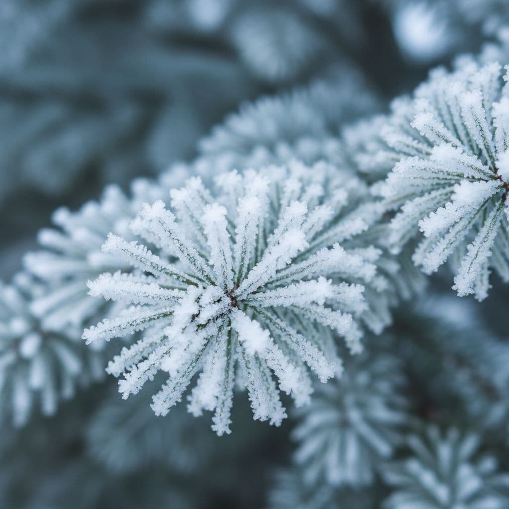 AI generated: Christmas tree needles covered in frost, hyper-realistic macro.