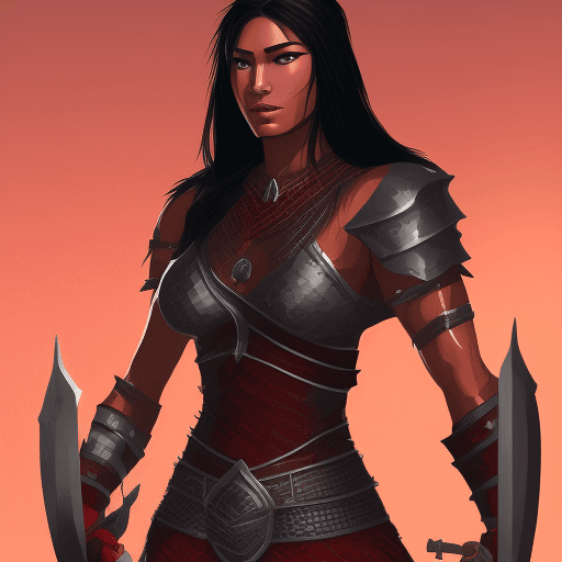 AI generated: full-body illustration, noble and valiant female fighter from nomadic dynasty, chain mail, red armor...