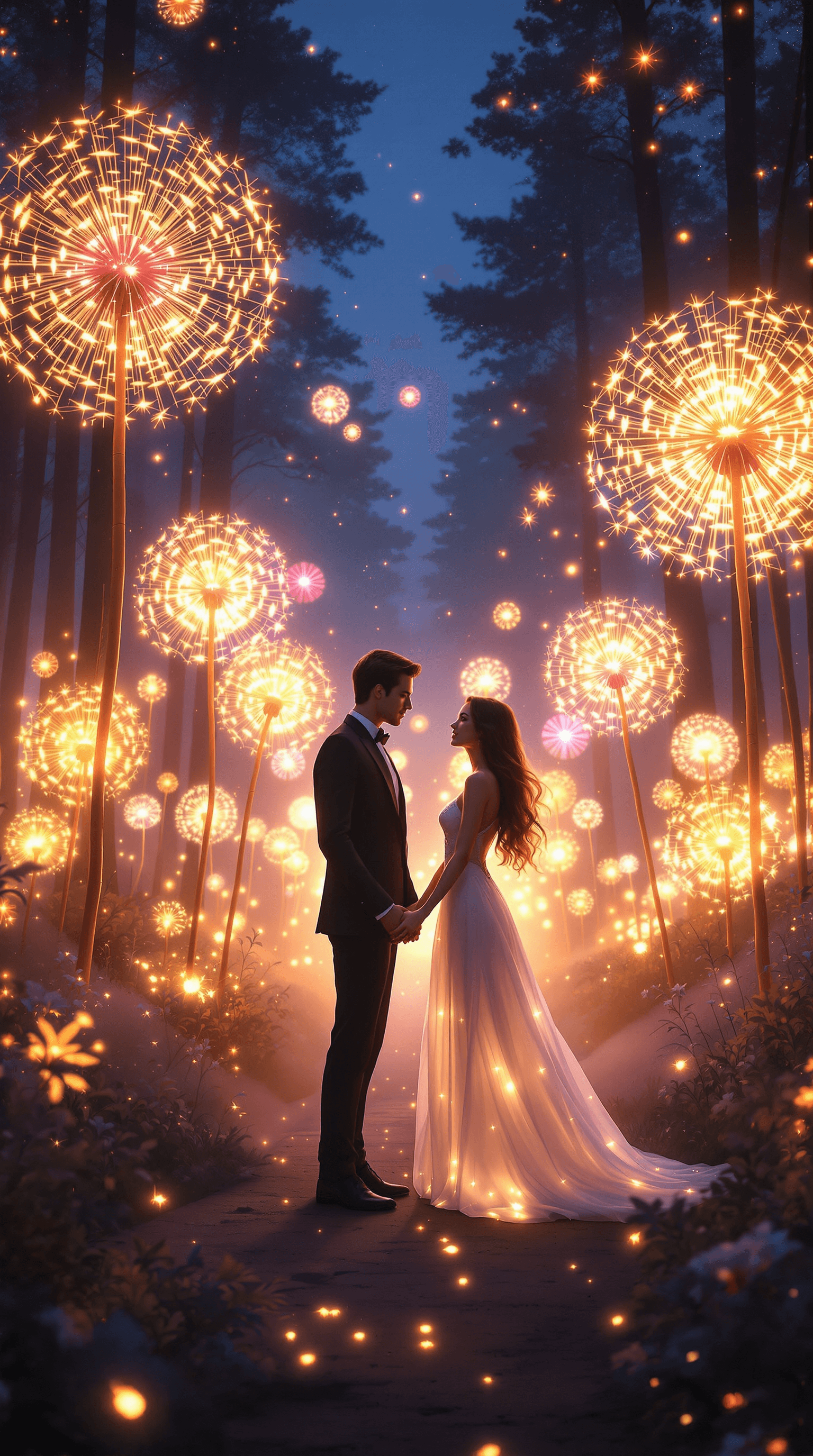 AI generated: A breathtakingly romantic scene of a couple standing hand in hand in a magical, glowing forest at tw...