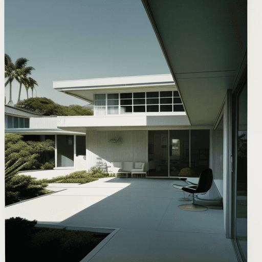 AI generated: Hyper realistic eye level exterior photo of a mid century modern style house overlooking the ocean, ...
