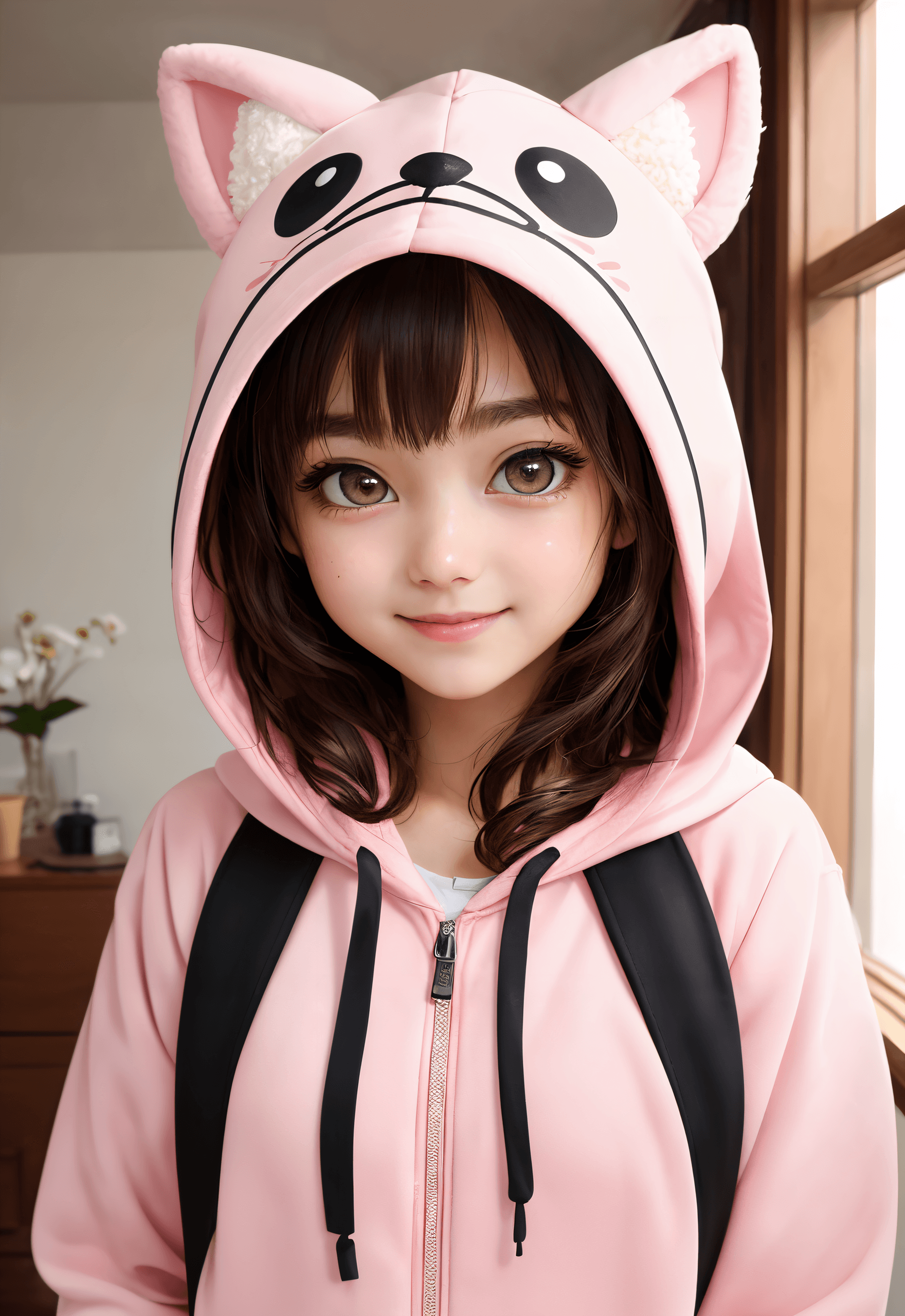 AI generated: masterpiece, best quality, Kigurumi hood, kawaii girl, Delicate Eyes, big eyes, smiling face, high d...