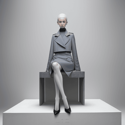 AI generated: a woman sitting on top of a white cube, official jil sander editorial, blue and grey tones, trending...