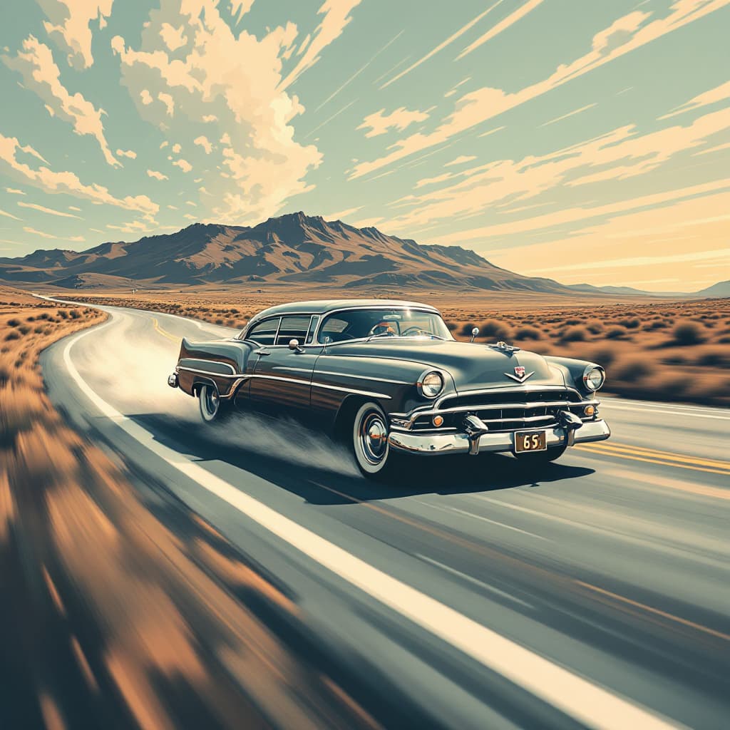 AI generated: i'd like a stlized artwork with route 66 tones and theme containing a 1950s or early 1960s car speed...
