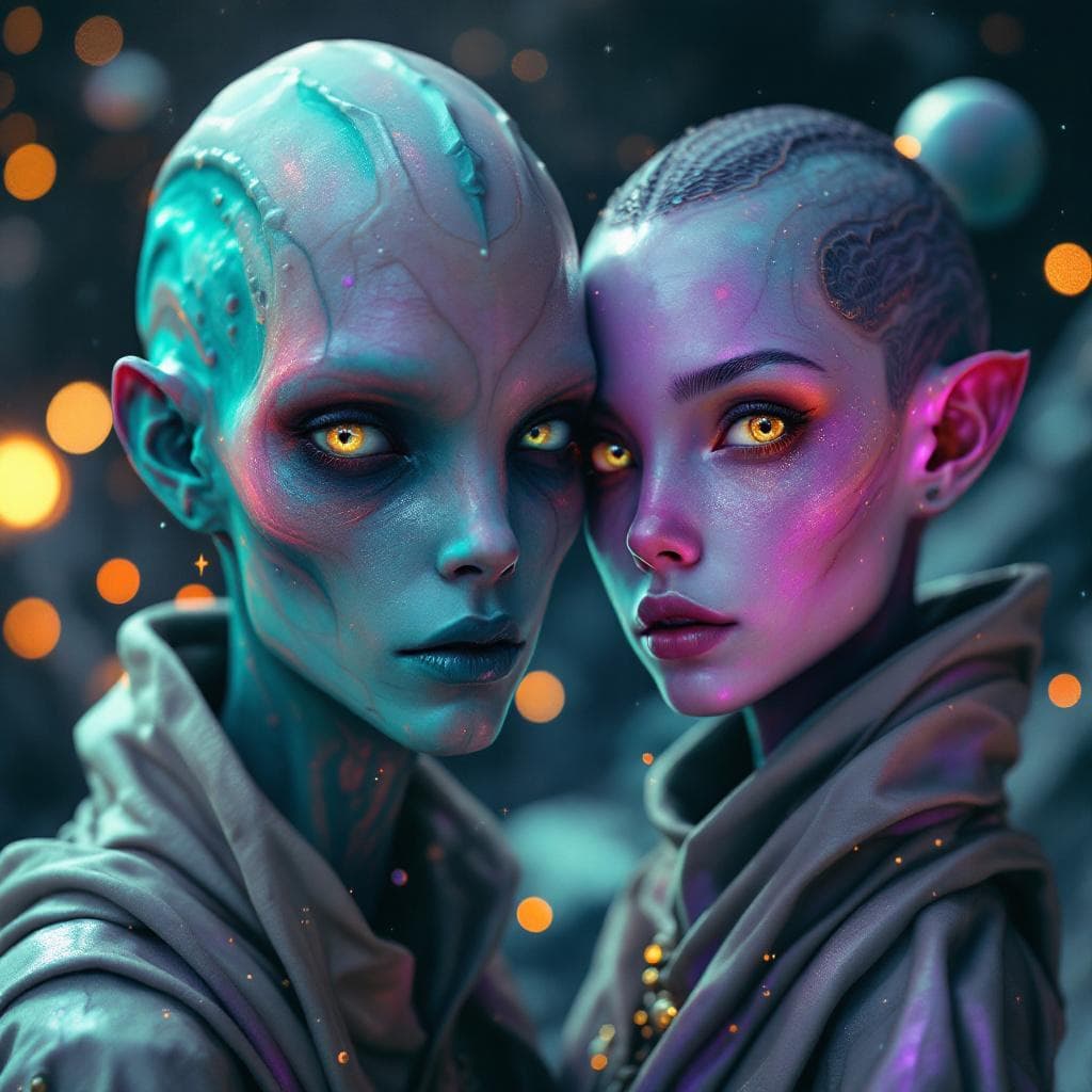 AI generated: Create a unique, flesh, organic, species, Male and Female. Otherworldly human figures with iridescen...