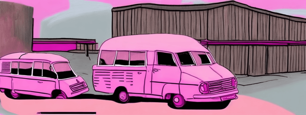 AI generated:  Draw a warehouse in the background that will contrast with a pink colour, draw an old model walkswa...