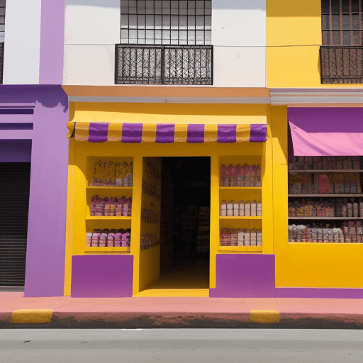 AI generated: exterior de pequeña tienda de productos para mascotas de color amarillo y morado en las calles de la...