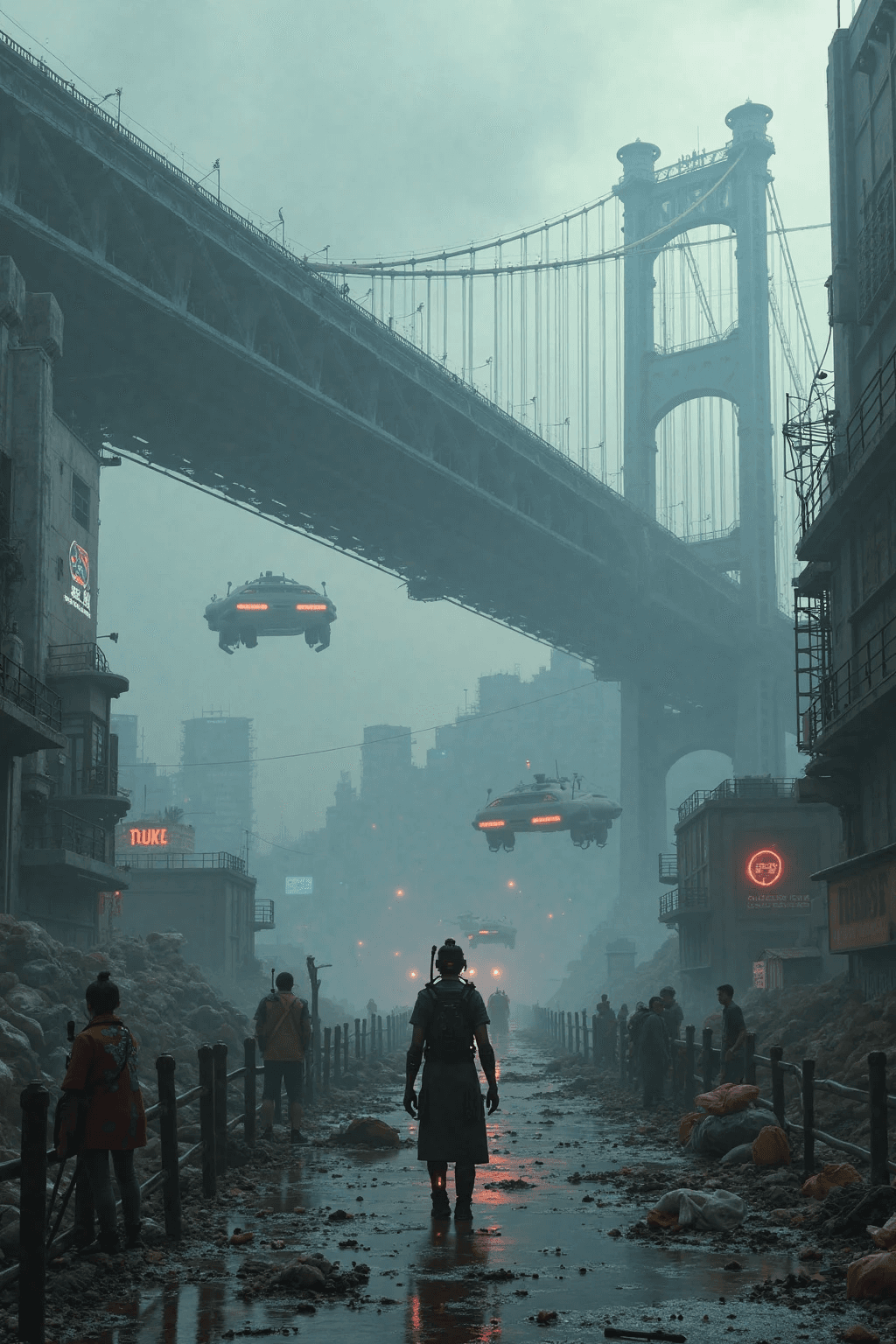 AI generated: A futuristic cyberpunk scene: A huge bridge of steel and concrete, high above smog-covered slums. In...