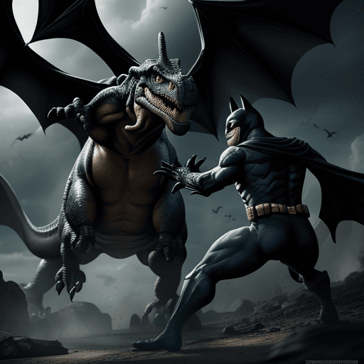 AI generated: Dinosaur fight with batman, 4k , ultra HD 