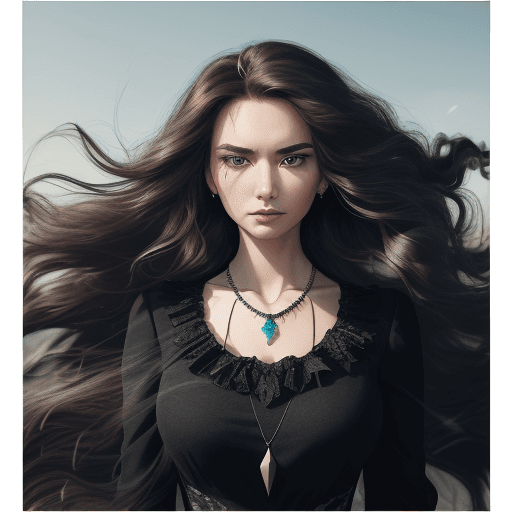 AI generated: a woman with long wild hair on a windy day, in the style of toy camera effects, elegance, frozen mov...