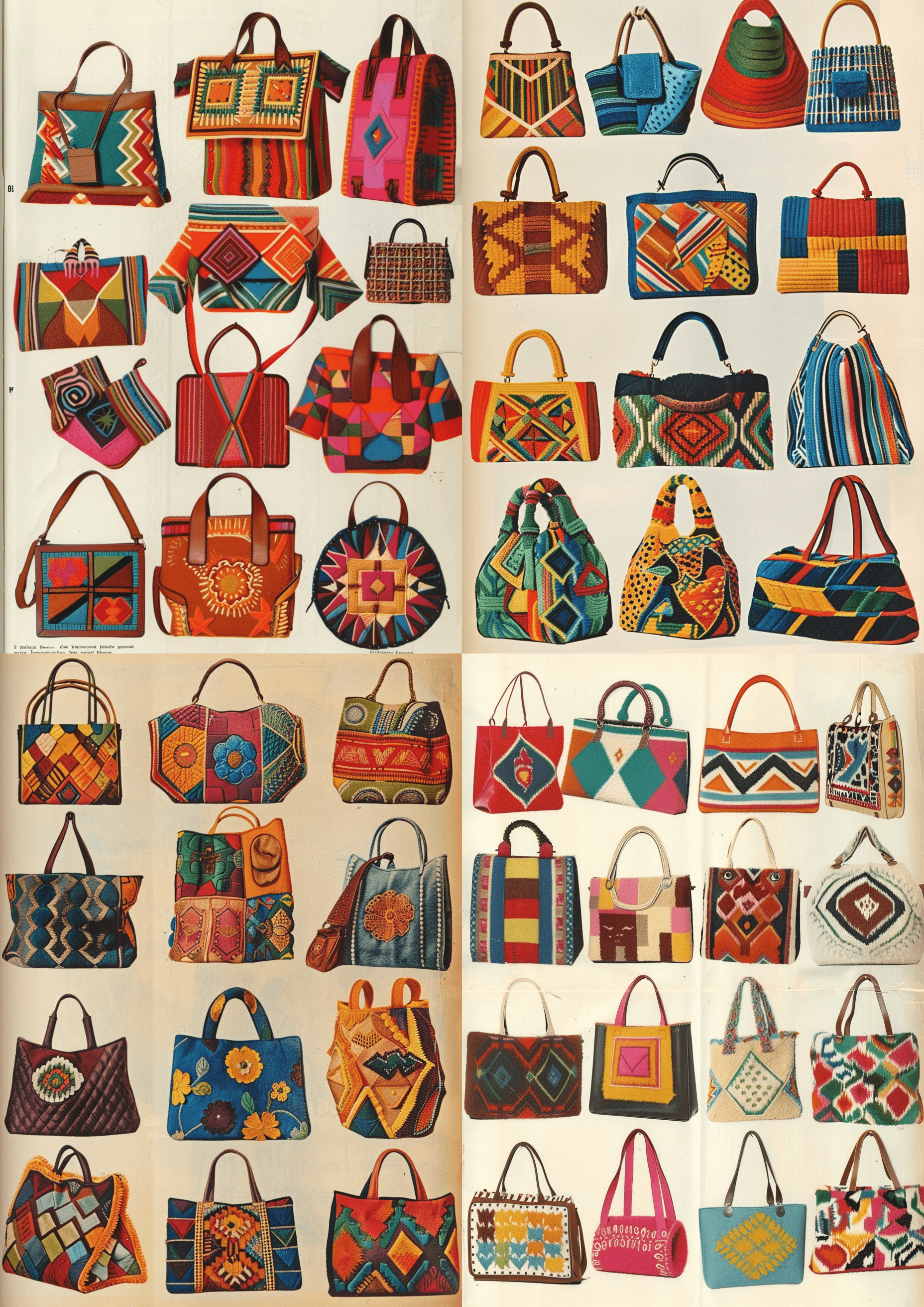 AI generated: A page from an iconic fashion magazine of the early 1970s featuring various bags and handbags made w...