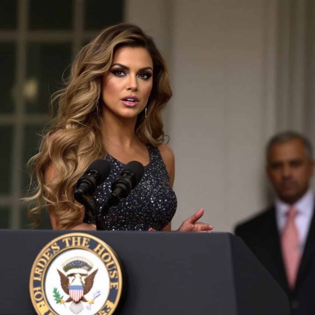 AI generated: Carmen Electra giving a speech at the White House.