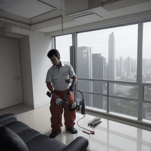 AI generated: a maintenance technician who is Asia male wear a white shirt and blue trousers standing and just sho...