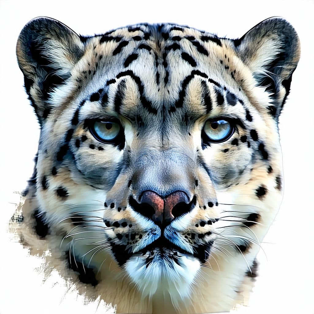 AI generated: Illustration of a snow leopard's head, white background, vector art, print style, bold lines, dark g...