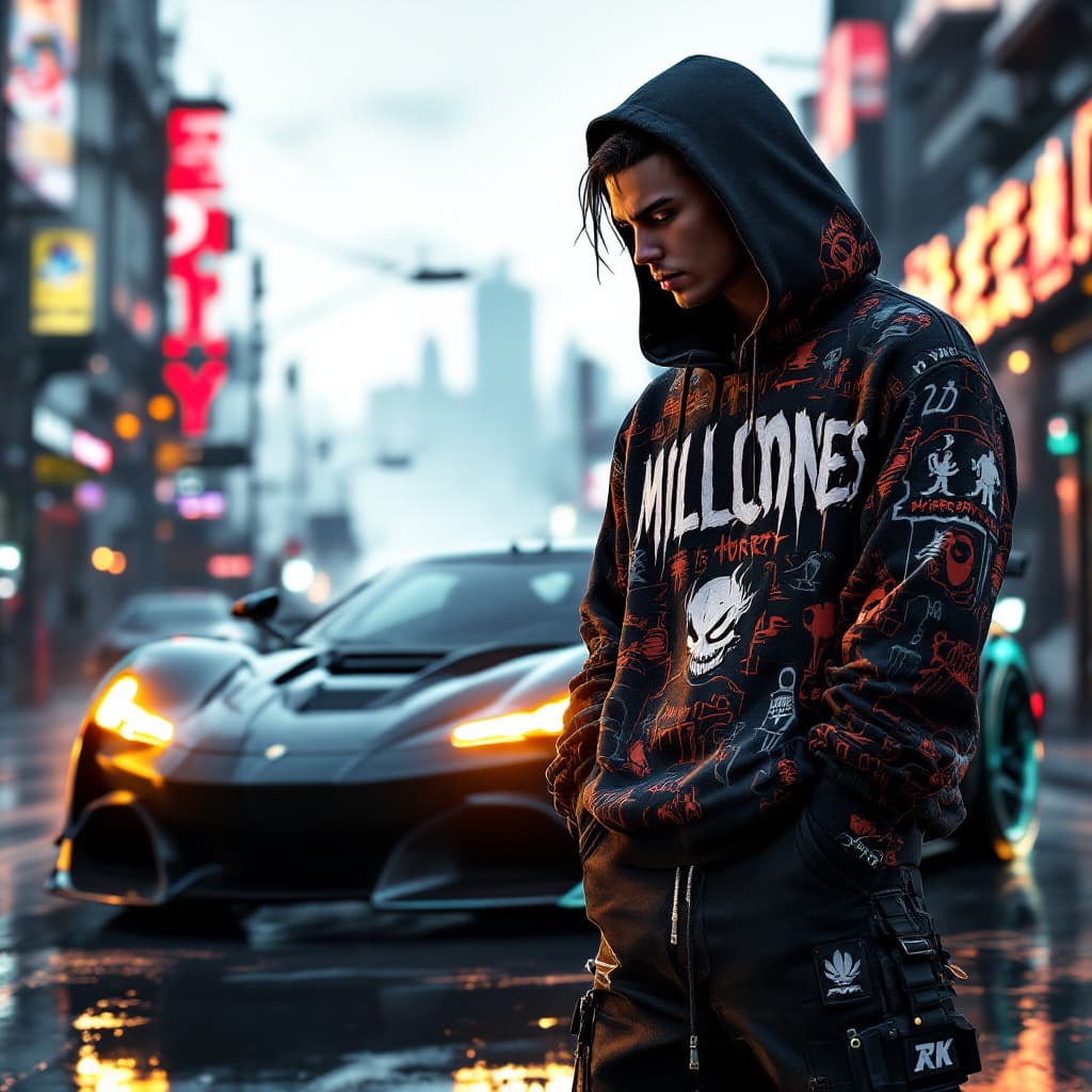 AI generated: cyberpunk GTA, DRAGON BALL GT BROLY  CHARACTER,  WEARING A sweater WITH THE TEXT  "MILLONES" WITH HO...