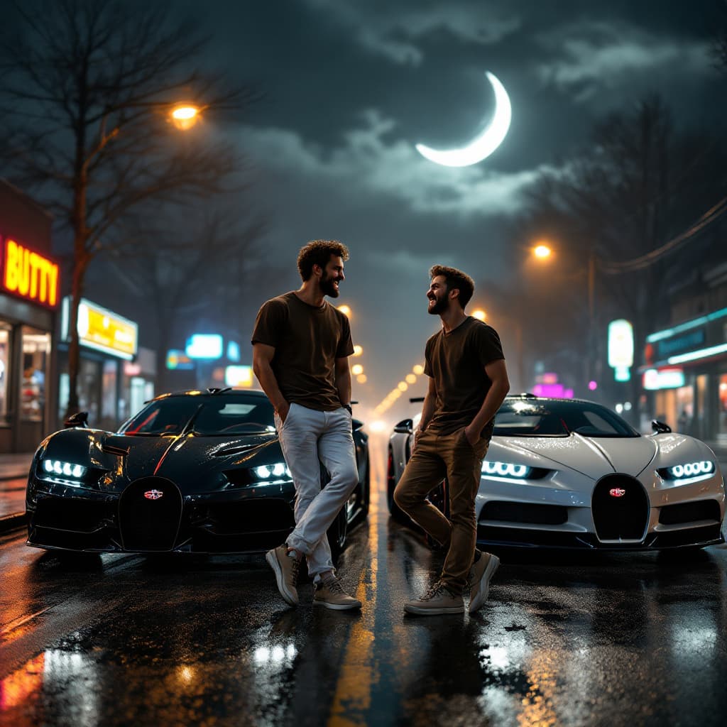 AI generated: Two brothers mid-laugh under a flickering amber streetlight at 3 AM. Older wears a coffee-brown tee ...