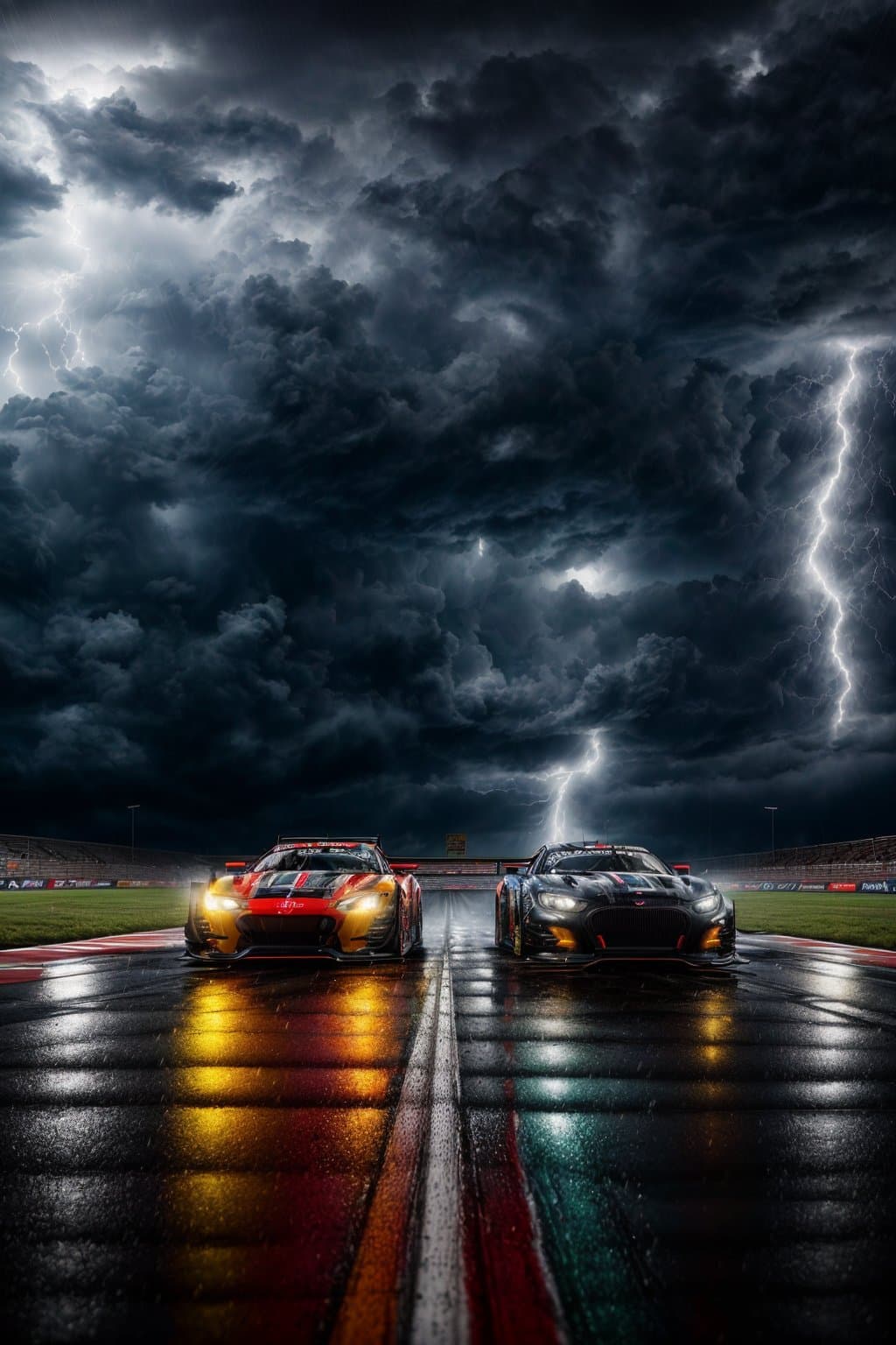 AI generated: Realistic images of cars on a race track in stormy weather with lightning in the background, ultra s...