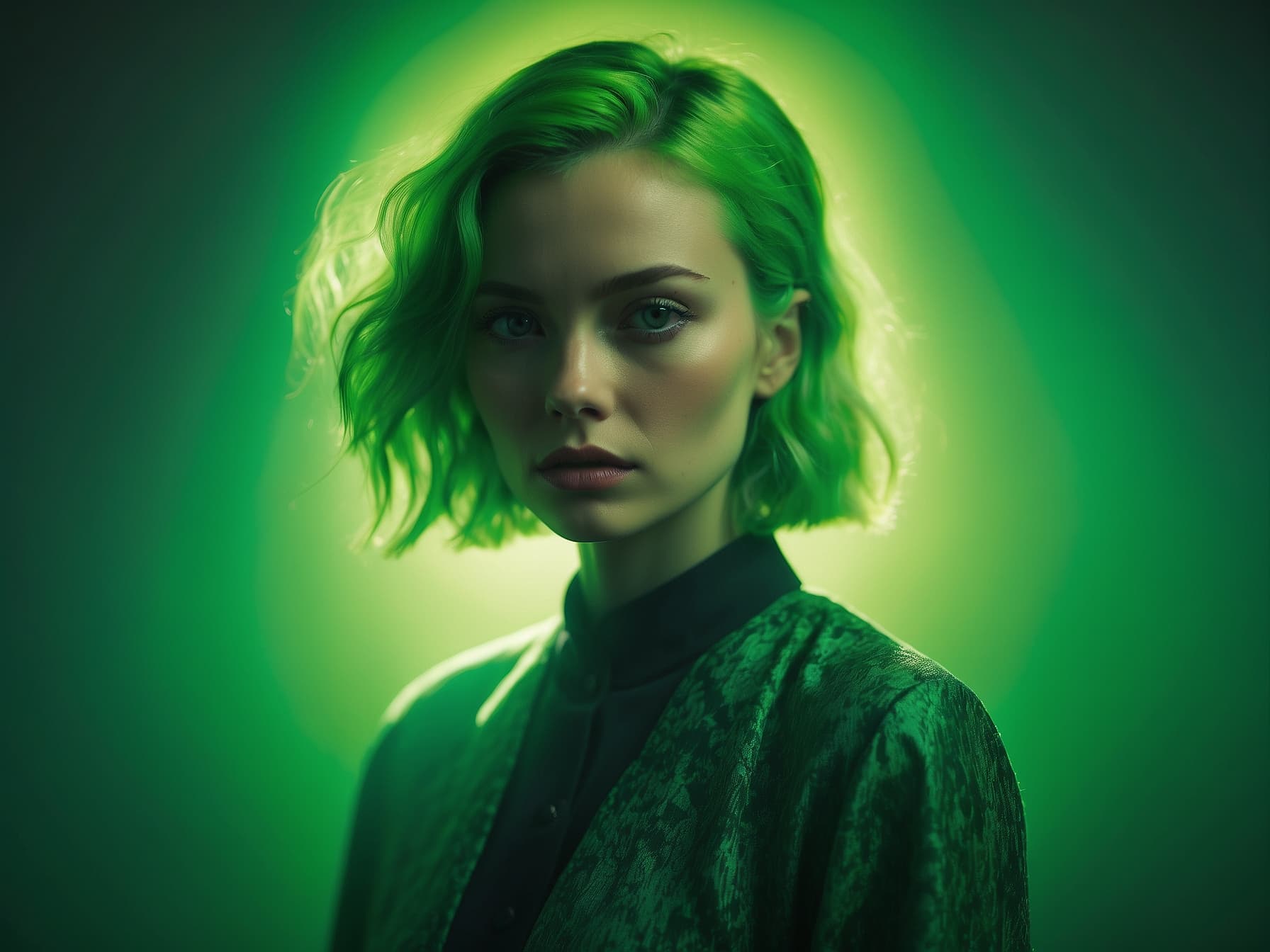 AI generated: a woman with green hair is posing for a picture, a photorealistic painting by Sam Charles, featured ...