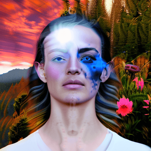 AI generated: Double Exposure Human-Nature, trees, flowers, mountain, sunset, nature mind, expressive creative art...