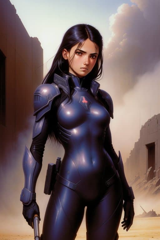 AI generated: (art by Wayne Barlowe:1.1), a female soldier in bodysuit, sharper details, realistic, high details, ...